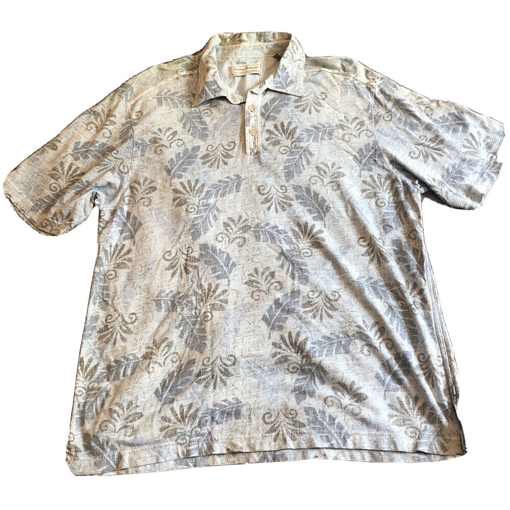 Tommy Bahama Large Hawiian Print Blue Tencel Short Sleeve Polo Collared Shirt